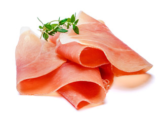 Italian prosciutto crudo or spanish jamon. Raw ham on white background.