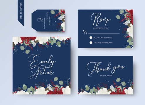 Wedding Floral Invite, Thank You, Rsvp Card Design Set With Red And White Garden Rose Flowers, Seeded Eucalyptus Branches, Leaves, Amaranthus Frame On Navy Blue Background. Vector Trendy Layout