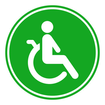 Designed for handicapped people sign. Disabled man in wheelchair icon on green circle. Vector.