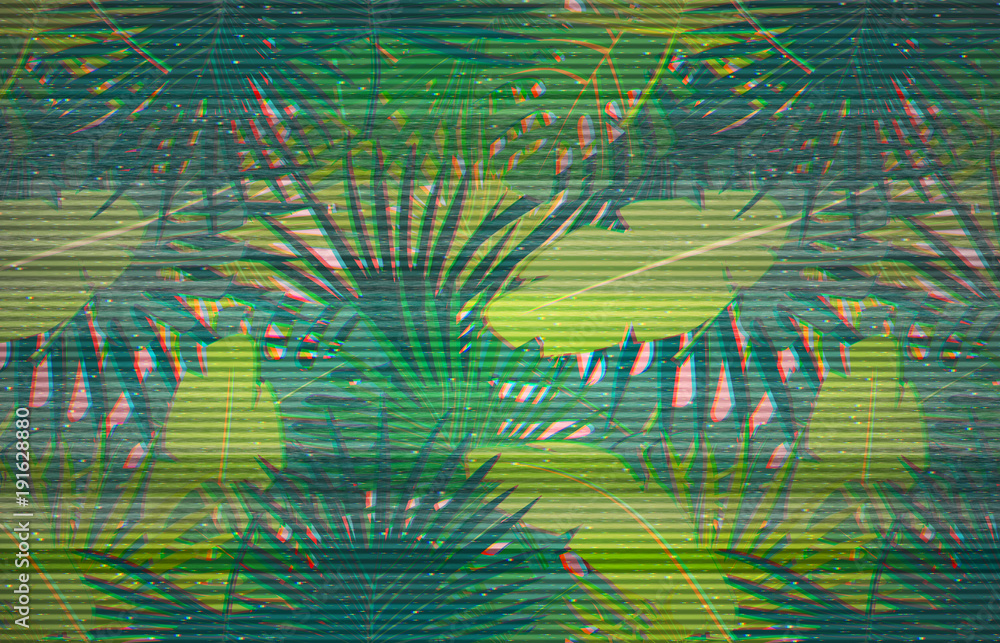 Poster abstract digital pattern with colorful palm leaves greenery on pink backdrop. glitched background wi