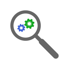 Search bug, troubleshooting concept. Magnifying glass and cogwheel icons. Vector.