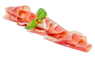 Italian prosciutto crudo or spanish jamon. Raw ham on white background.