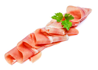 Italian prosciutto crudo or spanish jamon. Raw ham on white background.