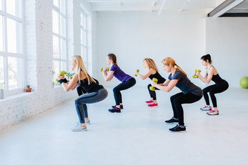 Side view group of six athletic women doing squatting exercises with dumbbells in gym. Full height. Teamwork, good mood and healthy lifestyle concept.