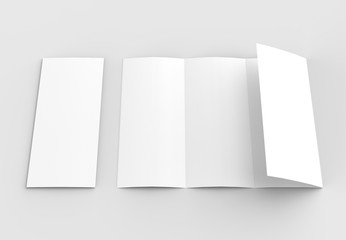 Four folded - 4-Fold - vertical brochure mock-up isolated on soft gray background. 3D illustrating.
