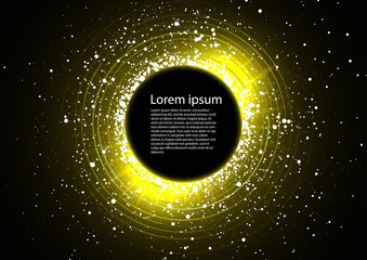 Dark yellow background with concentric circles and sparks
