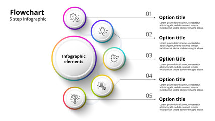 Business process chart infographics with 5 step segments. Circular corporate timeline infograph elements. Company presentation slide template. Modern vector info graphic layout design.