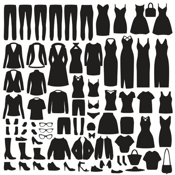vector illustration of  set women fashion clothes silhouette, dress, shirt, shoes, jeans, jacket collection