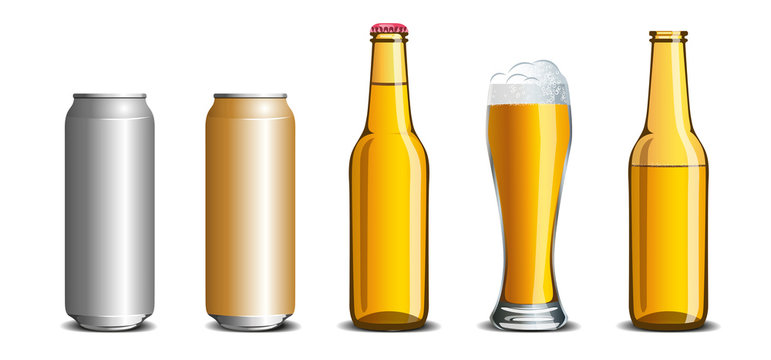 Realistic set of beer mock up, glass, bottle, aluminum can.