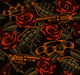 Weapon with roses, tattoo seamless pattern.
