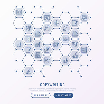 Copywriting concept in honeycombs with thin line icons: letter, e-mail, book, blogging, hand with pen, feather, typewriter, article, seo. Modern vector illustration for web page template, banner.