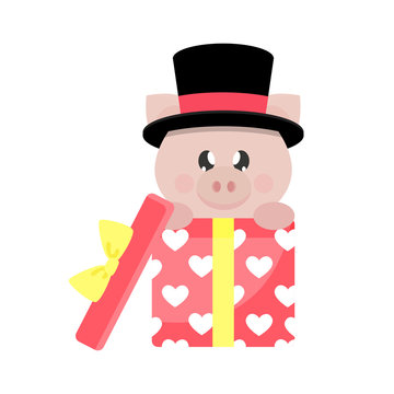 cartoon pig in hat with lovely gift