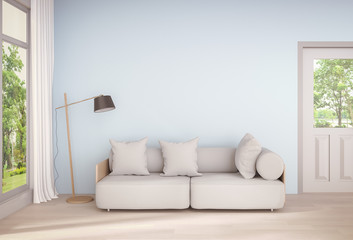 3D rendering of interior modern room and green landscape in window.