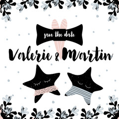 Invitation card with calligraphy lettering save the date. Vector illustration