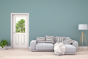 interior modern living room and green landscape in door. 3D rendering