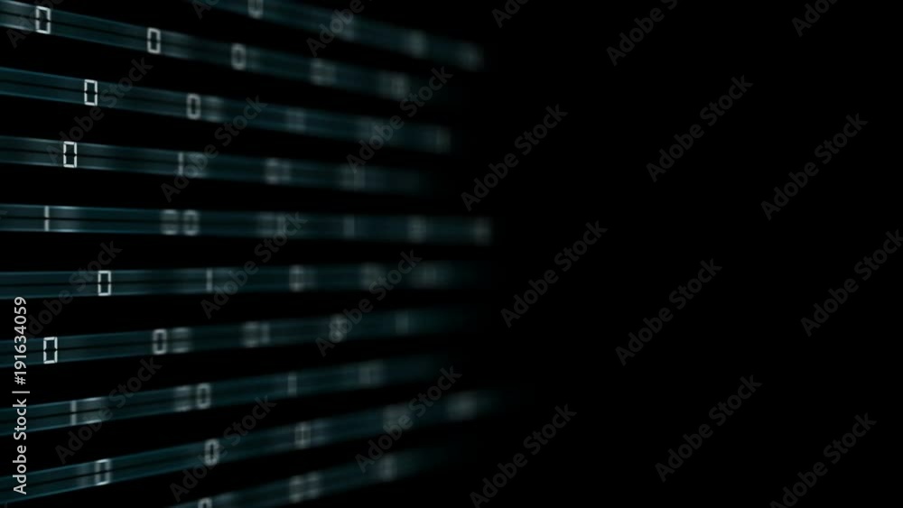 Poster the blue bars transmit the binary code code to the center of the screen. depth of field. place for t