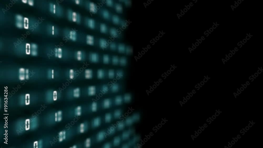 Poster blue strips pass the binary code code to the center of the screen. depth of field. place for text.ev