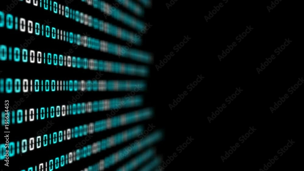 Poster blue bars transmit the white digits of the binary code code to the center of the screen. depth of fi