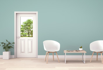 interior modern living room and green landscape in door. 3D rendering