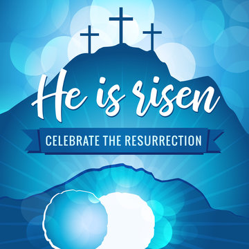 Hi is risen holy week easter banner. Easter christian motive, vector invitation to an Easter Sunday service with text He is risen on a background of rolled away from the tomb stone of Calvary