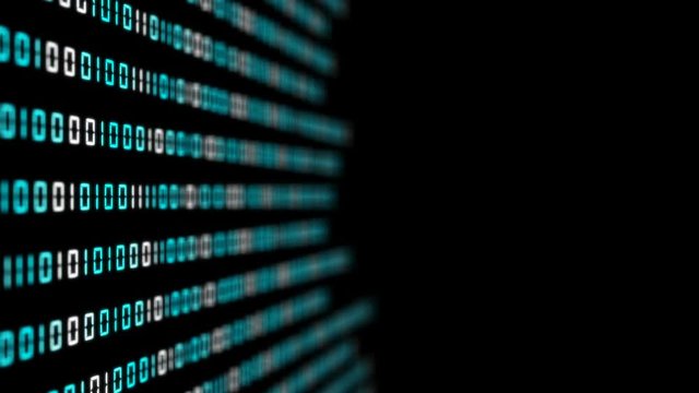 blue bars transmit the white digits of the binary code code to the center of the screen. depth of field. place for text.events programmers. cinematic background. seamless loop.