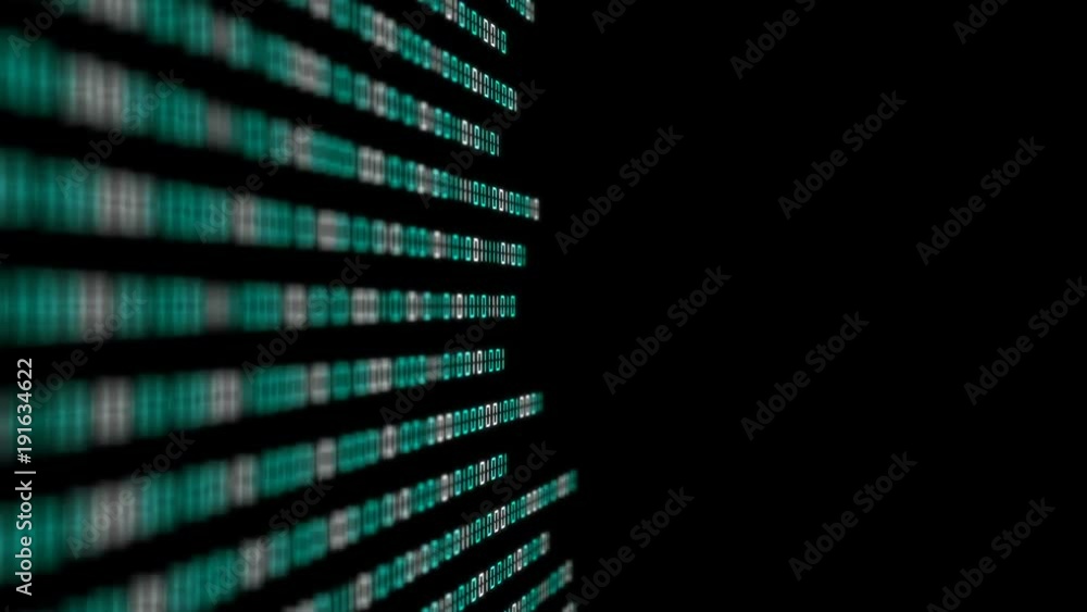 Poster blue bars transmit white digits binary code code to the center of the screen 2. depth of field. plac