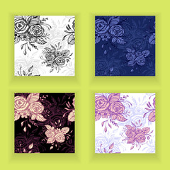 Set Seamless patterns with flowers bouquet   in black white pink dark blue in retro style for decoupage or for wallpaper or textile or  for decoration package of cosmetic perfume shampoo soap