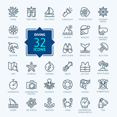 Scuba Diving and Snorkeling elements - minimal thin line web icon set. Outline icons collection. Simple vector illustration. © Happy Art