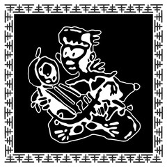 Ethnic musician (man) plays an ancient stringed instrument (kora, wine, berimbau, domra, dilruba). African and native American tribal music. Emblem sticker in Black and white hand draws vector