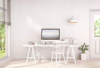 Fototapeta premium interior modern living room workspace with desk and laptop computer and green landscape in window. 3D rendering