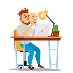 Angry Man Wear Good Mask Vector. Bad, Tired Man. Fake Person. Deceive Concept. Isolated Flat Cartoon Business Character Illustration