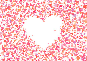 Rose color confetti with heart shapes. Romance pink background for Valentines Day, wedding invitation.