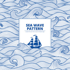 postcard banner monotone blue sea waves and the ship