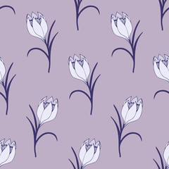 Gentle flower seamless pattern with lilac crocuses.