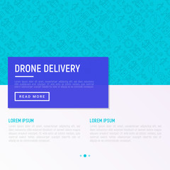 Drone delivery concept with thin line icons: quadcopter, flying drone with package, remote control, front and side view. Modern vector illustration of innovative transport for banner, print media.