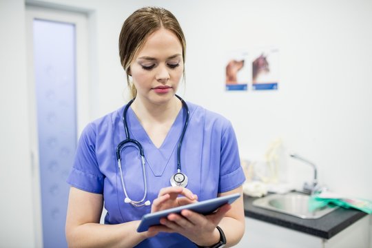 Vet using digital tablet in the hospital