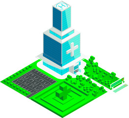 Fototapeta premium City hospital building isometry with park and parking around