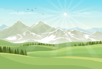 Schilderijen op glas Vector bright landscape with green meadows, forests, mountains with snow and shining sun in blue sky © Kateina