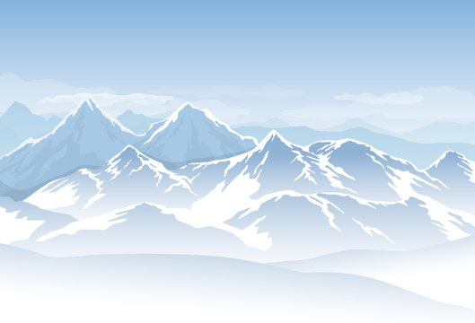 Vector blue cold misty mountains with snow and clouds in the sky
