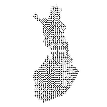 Abstract schematic map of Finland from the black printed board, chip and radio component of vector illustration
