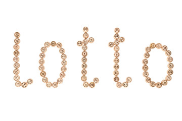 Word of lotto laid out from the barrel of the game isolated on white background