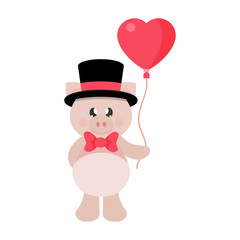 cartoon pig with tie and hat with lovely balloons