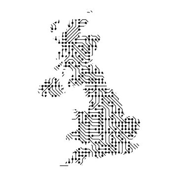Abstract schematic map of Great Britain from the black printed board, chip and radio component of vector illustration