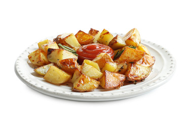 Plate with tasty potato wedges and tomato sauce on white background