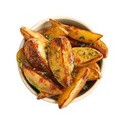 Bowl with tasty potato wedges on white background