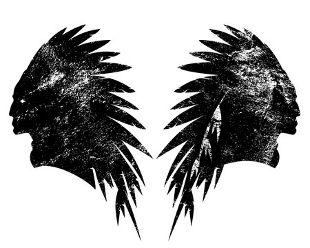 tribal chief wearing feather headdress black and white vector silhouette design