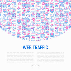 Fototapeta na wymiar Web traffic concept with thin line icons: SEO technology, data exchange, sync, click, mobile backup, traffic speed, sales growth. Modern vector illustration for banner, print media, web page.