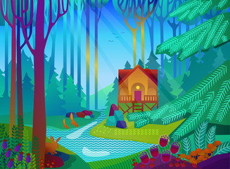 Forest glade with house in the morning