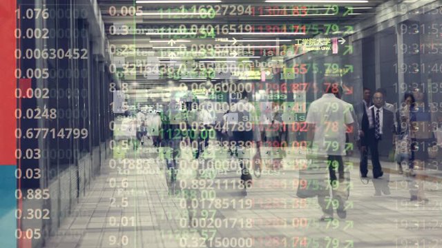 tokyo city timelapse of blurred commuters and crowds with data and computer programming information mapped ontop