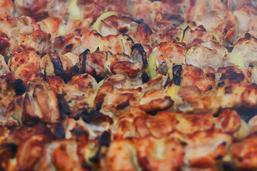 a shish kebab is fried on coals. barbecue background.